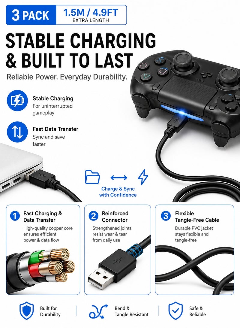 CHILCAR Value Pack of 3 Mini USB Charging Cables for PS3 Controllers, 1.5M Each, Replacement and Spare Cables for Home, Office and Travel, Black - Image 2