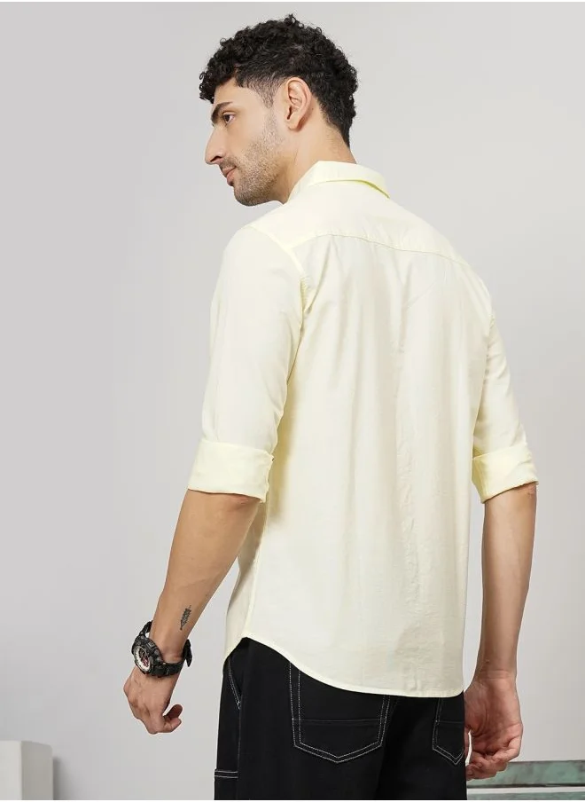 The Indian Garage Co Men Slim Fit Placement Embroidered Full Sleeves Cutaway Collar Casual Shirt