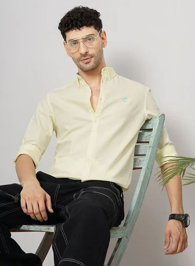 The Indian Garage Co Men Slim Fit Placement Embroidered Full Sleeves Cutaway Collar Casual Shirt