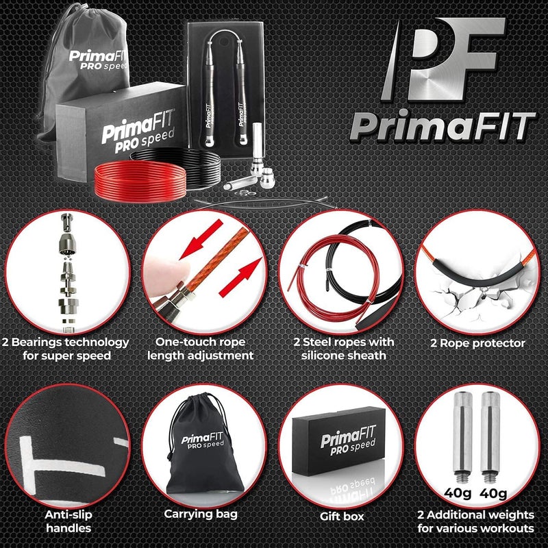 PrimaFit Jump Rope Pro Speed Skipping Rope Adjustable Adult Jumping Rope Weighted Aluminium Handles for Double Dutch Boxing Workout Crossfit Exercise Fitness Spare Cable Weights Protectors Carry Bag - Image 2