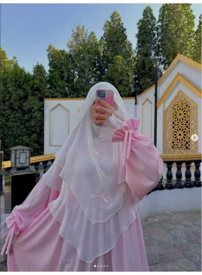 شبكة شيفون مع وشاح عقدة عقد، مناسبة للنساء لارتدائها أثناء الصلاة وعيد الفطر، مع توفر كل من الوشاح والشبكة بسهولة. - Image 1