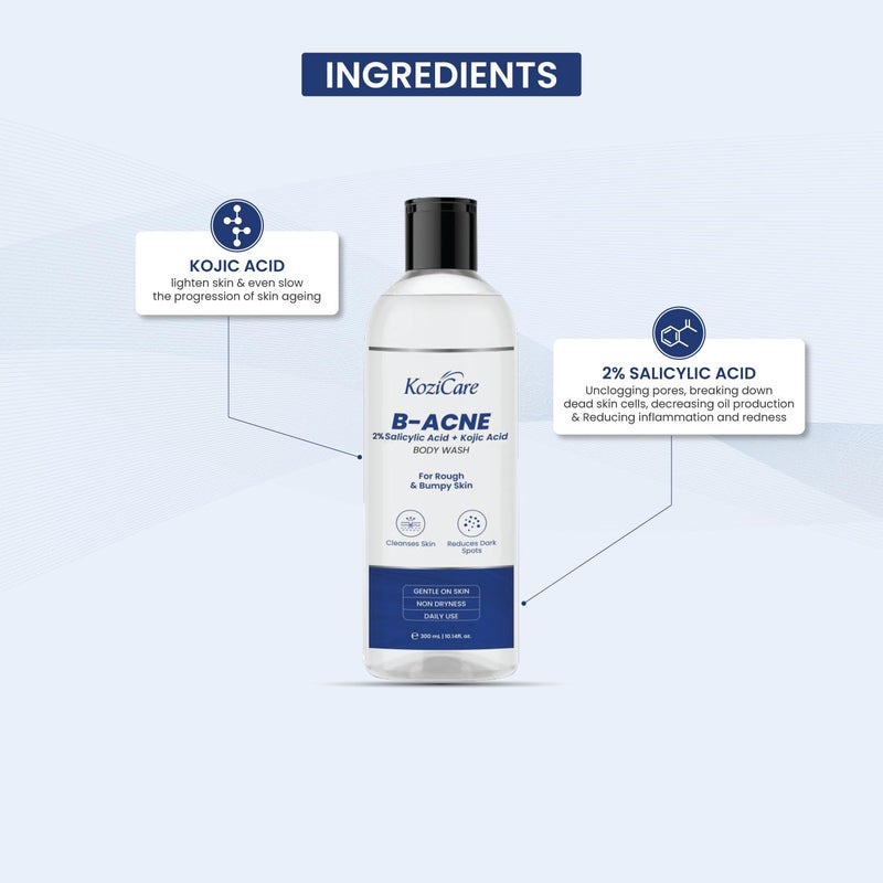 Kozicare Soap B Acne Body Wash Gel Kojic Acid Body Wash Acne Shower Gel for Men Women Reduces Dark Spots Cleanses Skin Exfoliates Acne Salicylic Acid Body Wash 300 Ml Pack of 2 - Image 3