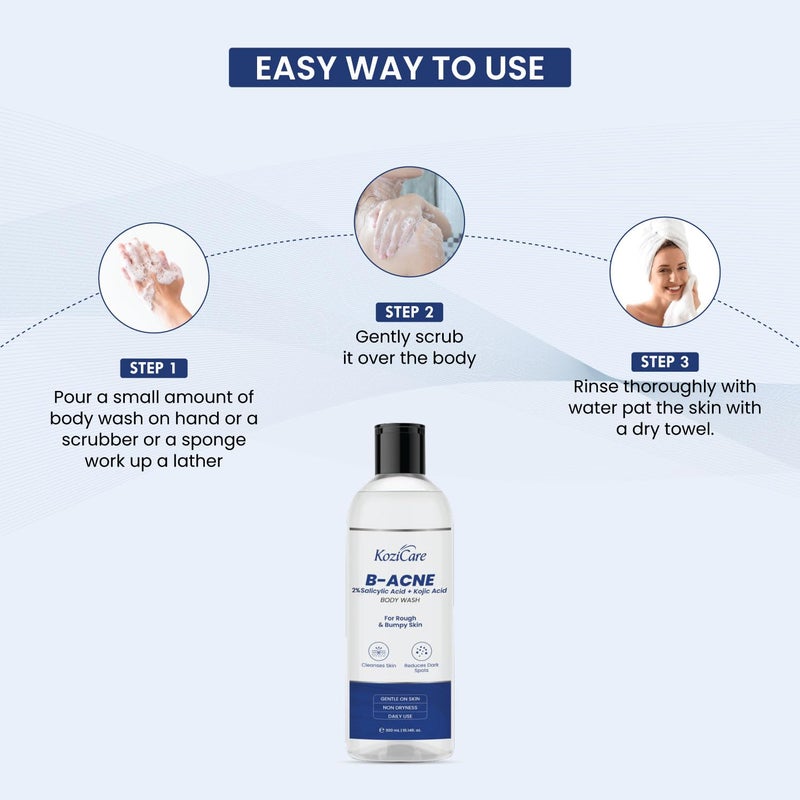 Kozicare Soap B Acne Body Wash Gel Kojic Acid Body Wash Acne Shower Gel for Men Women Reduces Dark Spots Cleanses Skin Exfoliates Acne Salicylic Acid Body Wash 300 Ml Pack of 2 - Image 4