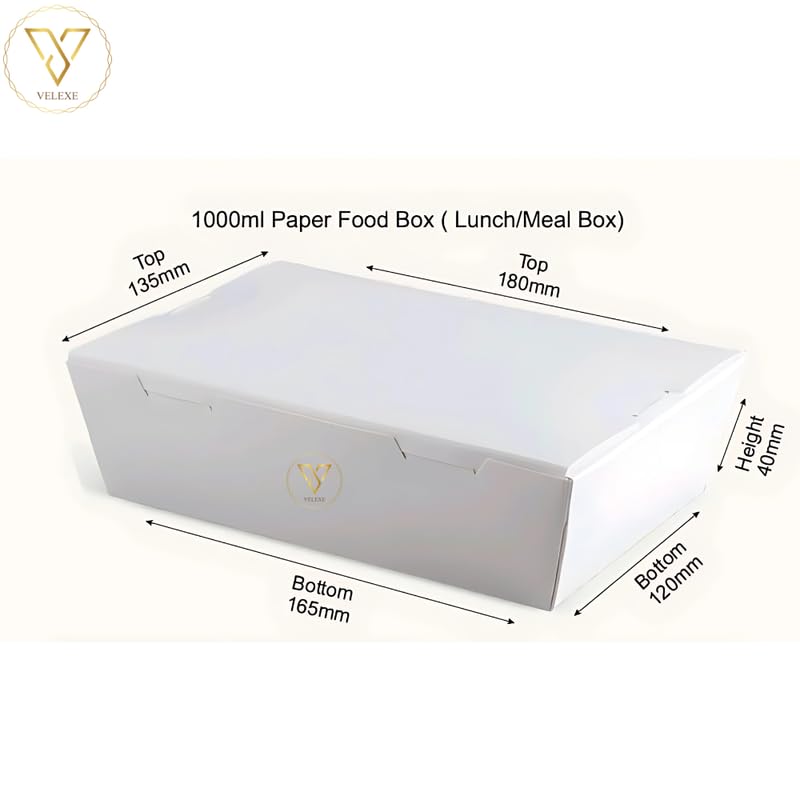 VELEXE White Kraft Paper Food Box Pack of 100 1000ml 18x165x4 CM EcoFriendly Takeaway Containers Biodegradable Disposable Food Containers for Meal Party Catering Takeout and Delivery - Image 2