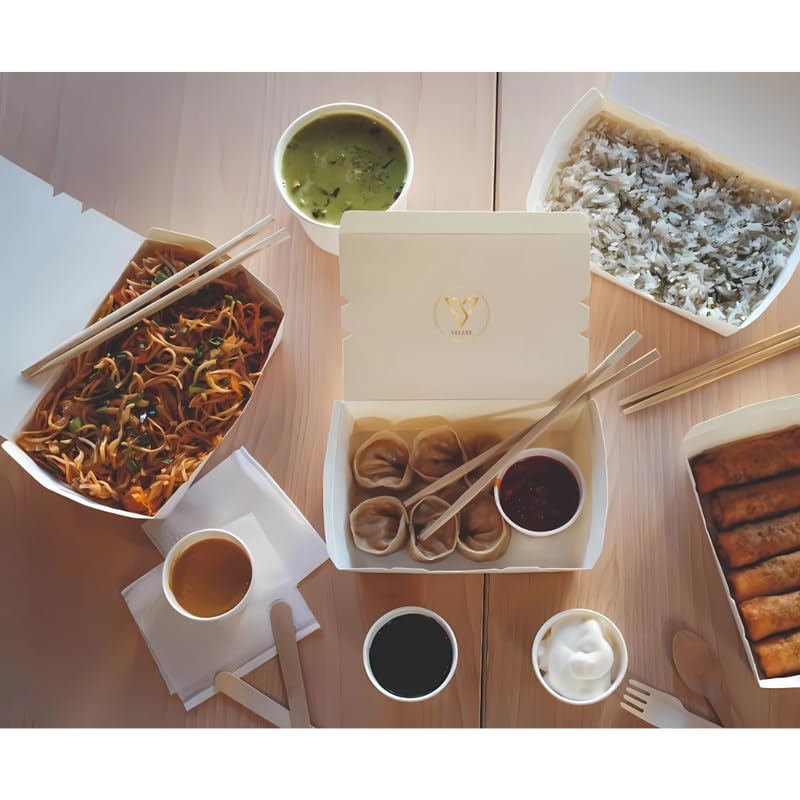 VELEXE White Kraft Paper Food Box Pack of 100 1000ml 18x165x4 CM EcoFriendly Takeaway Containers Biodegradable Disposable Food Containers for Meal Party Catering Takeout and Delivery - Image 5