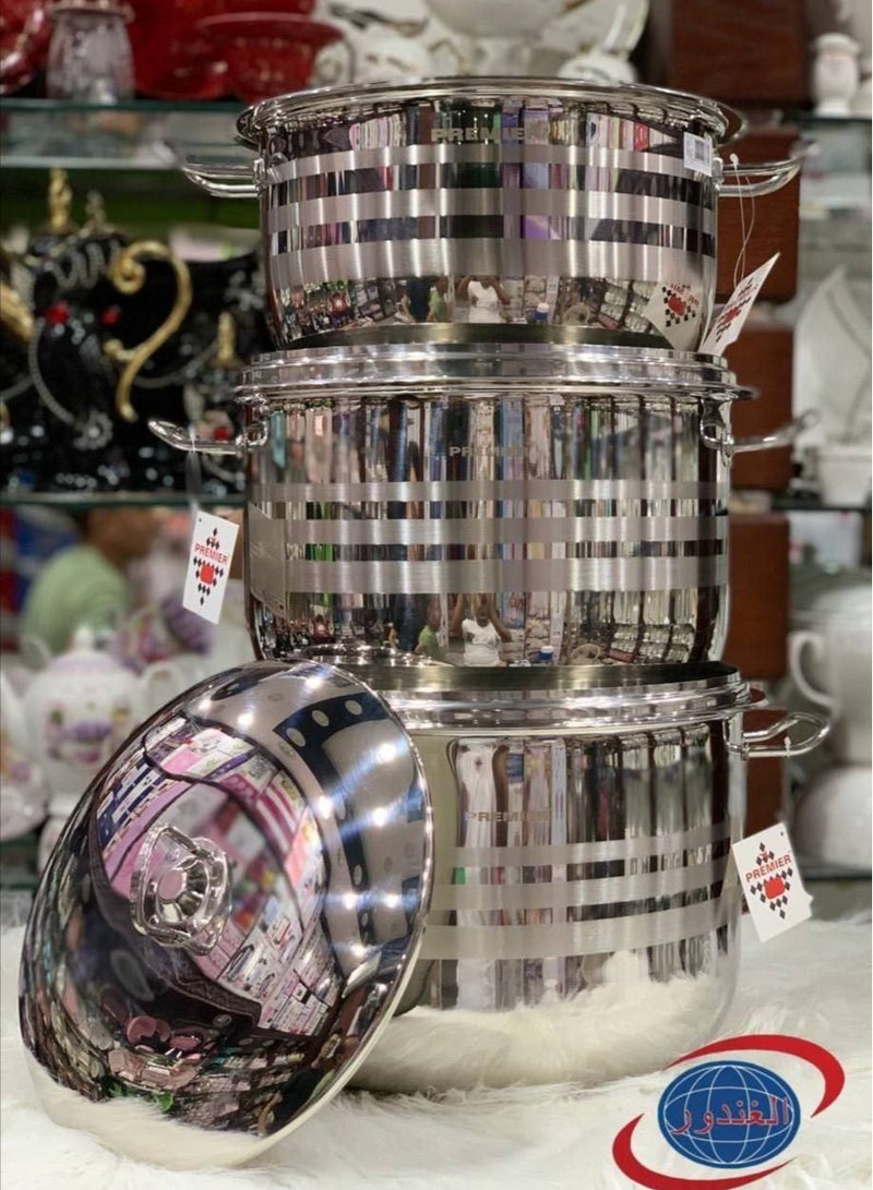 Premier A set of Turkish stainless steel cookware from the international brand PREMIER. Sizes: Stainless pot, size 28. Stainless pot, size 30. Stainless pot, size 32. - Image 1