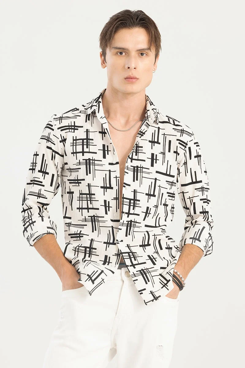 سنيتش Off White Abstract Long Sleeve Slim Fit Casual Shirt