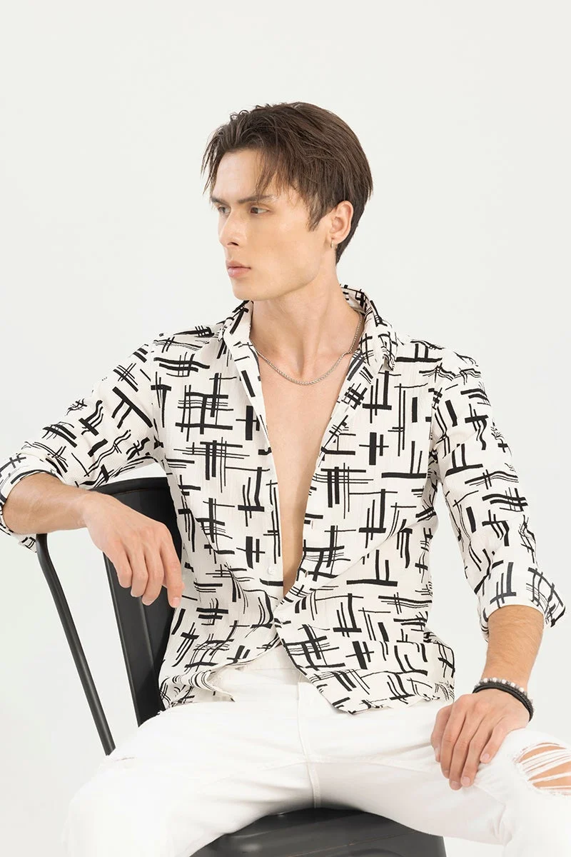 سنيتش Off White Abstract Long Sleeve Slim Fit Casual Shirt