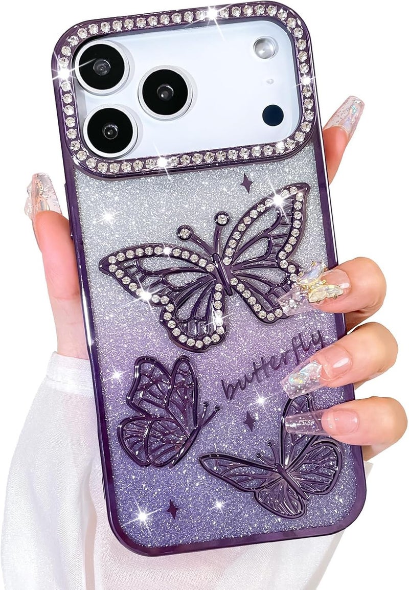 Elzzi Electroplated Butterfly Phone Cover for iPhone 17 Pro Case, Showcasing Pearlescent Diamond Soft TPU, Camera Protection, Shockproof, Dropresistant Stylish for Girls & Women (Deep Purple) - Image 1