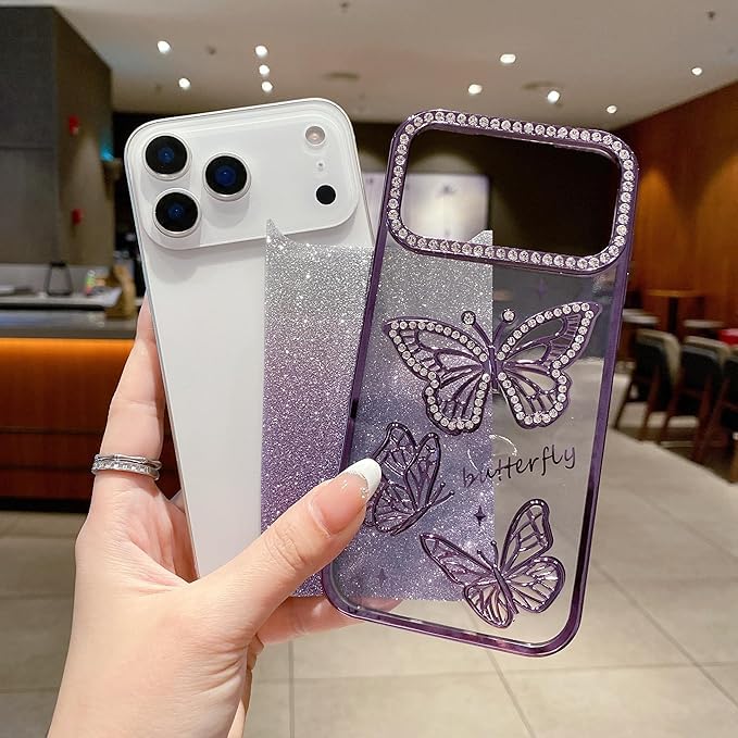 Elzzi Electroplated Butterfly Phone Cover for iPhone 17 Pro Case, Showcasing Pearlescent Diamond Soft TPU, Camera Protection, Shockproof, Dropresistant Stylish for Girls & Women (Deep Purple) - Image 2