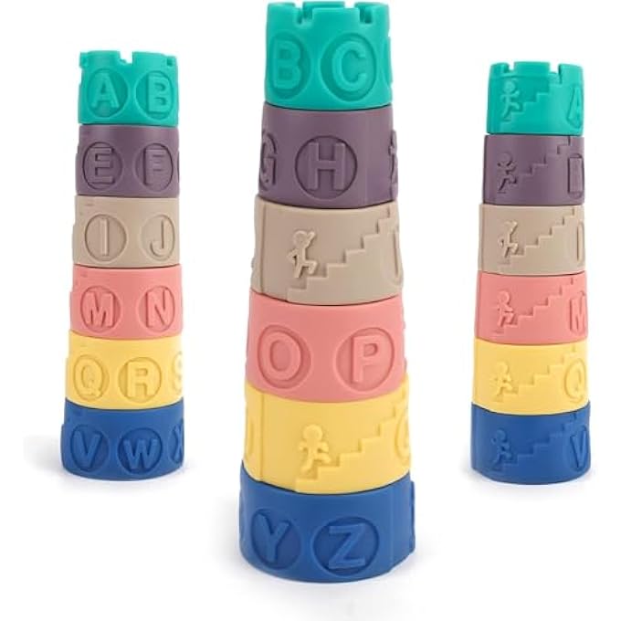 STACKING EDUCATIONAL TOYS – MONTESSORI TOY TOWER WITH LETTERS, SYMBOLS & PATTERNS – COLORFUL MATH STEM BABY NESTING CUPS – LEARNING, STIMULATION- MULTI COLOR - Image 1