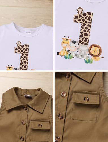 IDOPIP Safari 1st Birthday Outfit for Baby Boys Jungle Animals Top Vest Shorts Pants Sets with Hat Overalls Clothes for Wild Birthday Cake Smash Photo Shoot Party Dress Outfits Brown 12-18 Months - Image 3