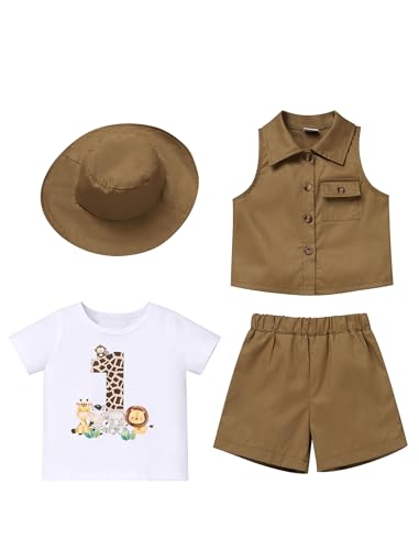 IDOPIP Safari 1st Birthday Outfit for Baby Boys Jungle Animals Top Vest Shorts Pants Sets with Hat Overalls Clothes for Wild Birthday Cake Smash Photo Shoot Party Dress Outfits Brown 12-18 Months - Image 4