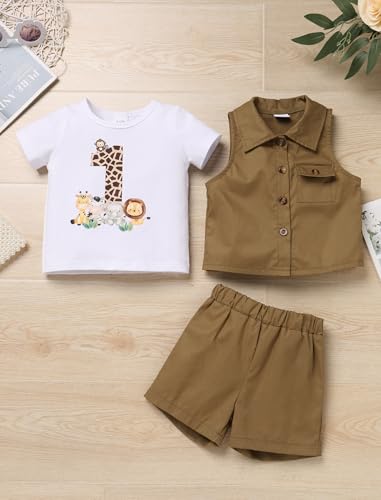 IDOPIP Safari 1st Birthday Outfit for Baby Boys Jungle Animals Top Vest Shorts Pants Sets with Hat Overalls Clothes for Wild Birthday Cake Smash Photo Shoot Party Dress Outfits Brown 12-18 Months - Image 5