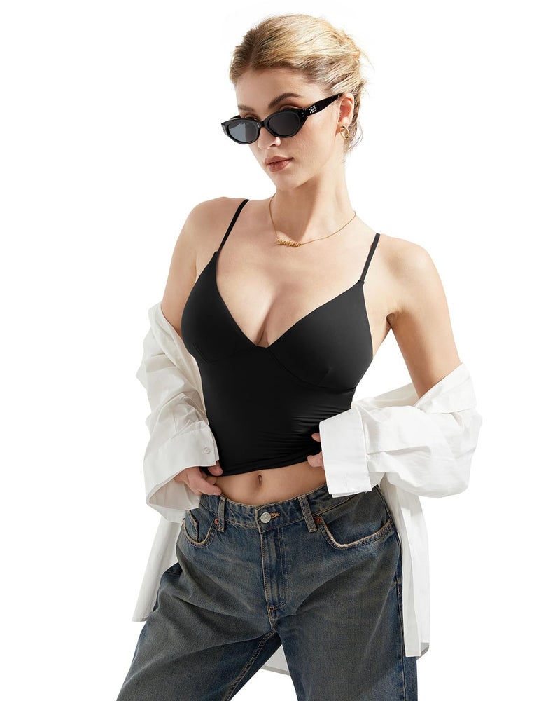 SUUKSESS Women Sexy Deep V Neck Sleeveless Fitted Basic Tops Y2K Going Out Crop Tank Top Camisole (Black,S) - Image 5