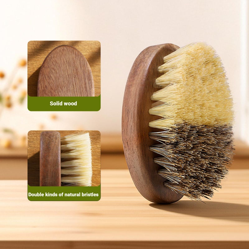 SAMEBUTECO Fruit & Vegetable Cleaning Brushes with Acacia Wood Handle Natural Half Sisal Bristle Half Palm Fibers Bristles Design,Oval Shape Easy Hold,Pack of 2,Brown - Image 3