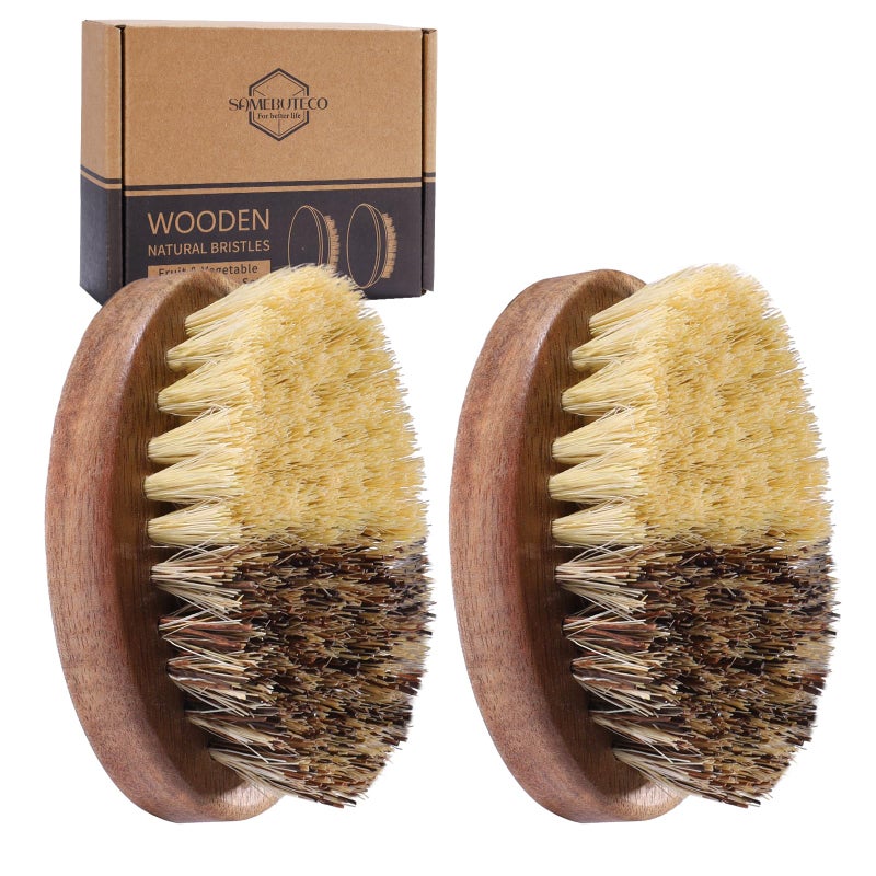 SAMEBUTECO Fruit & Vegetable Cleaning Brushes with Acacia Wood Handle Natural Half Sisal Bristle Half Palm Fibers Bristles Design,Oval Shape Easy Hold,Pack of 2,Brown - Image 1