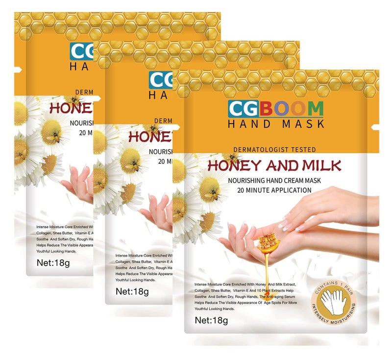 CGBOOM 3 Pairs Hand Masks Moisturizing Gloves, Hand Skin Repair Renew Mask Infused Collagen, Vitamins + Natural Plant Extracts for Dry, Aging, Cracked Hands (Honey and Milk) - Image 1