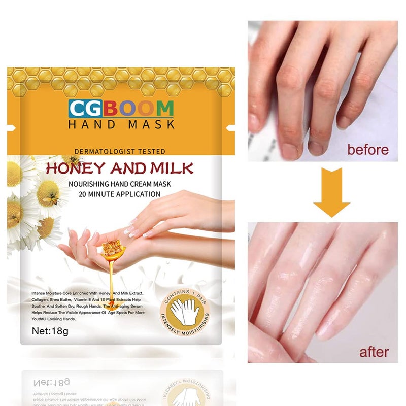 CGBOOM 3 Pairs Hand Masks Moisturizing Gloves, Hand Skin Repair Renew Mask Infused Collagen, Vitamins + Natural Plant Extracts for Dry, Aging, Cracked Hands (Honey and Milk) - Image 3