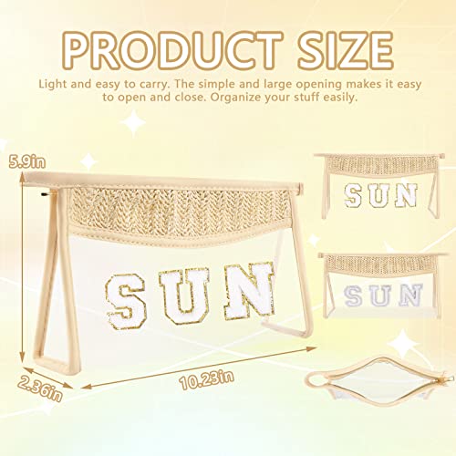 Iqimott Clear Patch Sun Bag Makeup Letter Bag, Boho Preppy Letter Bags for Beach Swim, Waterproof Zipper Make up Bags Toiletry Pouch for Women Girls, Clear Organizer Pouch for Travel(Sun, Beige) - Image 2