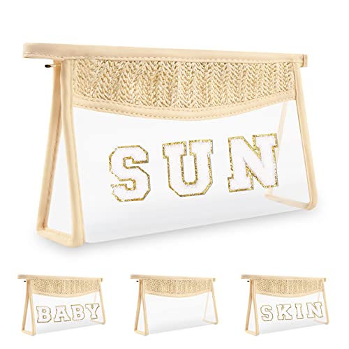 Iqimott Clear Patch Sun Bag Makeup Letter Bag, Boho Preppy Letter Bags for Beach Swim, Waterproof Zipper Make up Bags Toiletry Pouch for Women Girls, Clear Organizer Pouch for Travel(Sun, Beige) - Image 1