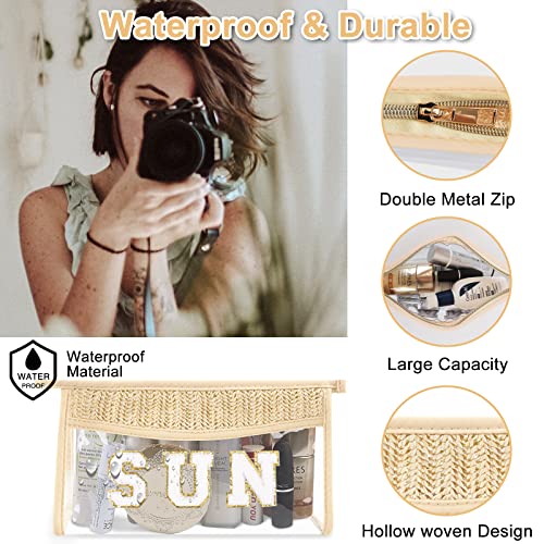 Iqimott Clear Patch Sun Bag Makeup Letter Bag, Boho Preppy Letter Bags for Beach Swim, Waterproof Zipper Make up Bags Toiletry Pouch for Women Girls, Clear Organizer Pouch for Travel(Sun, Beige) - Image 3