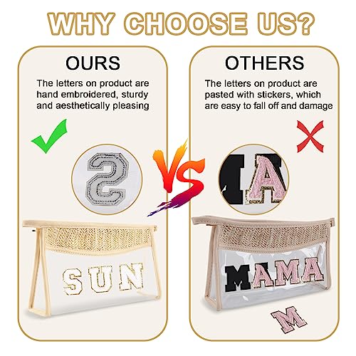 Iqimott Clear Patch Sun Bag Makeup Letter Bag, Boho Preppy Letter Bags for Beach Swim, Waterproof Zipper Make up Bags Toiletry Pouch for Women Girls, Clear Organizer Pouch for Travel(Sun, Beige) - Image 4