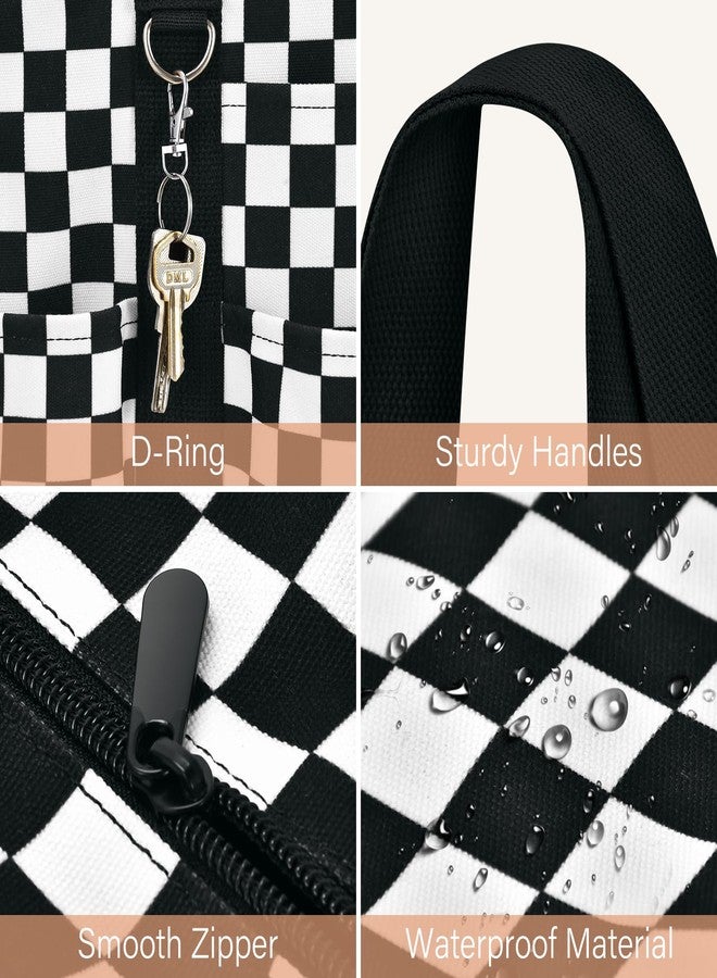 Becokan Large Tote Bag for Women Waterproof with 12 Pockets Top Zipper Closure Utility Teacher Nurse Bags for Work School, Black White Checkerboard, Medium - Image 4