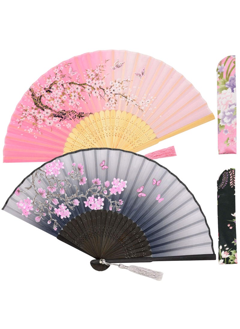 Zolee Zolee 2 PCS Small Folding Hand Fans for Women  Chinese Japanese Vintage Bamboo Silk Fans  for Dance Performance Decoration Wedding PartyGift Gray  Pink Sakura 