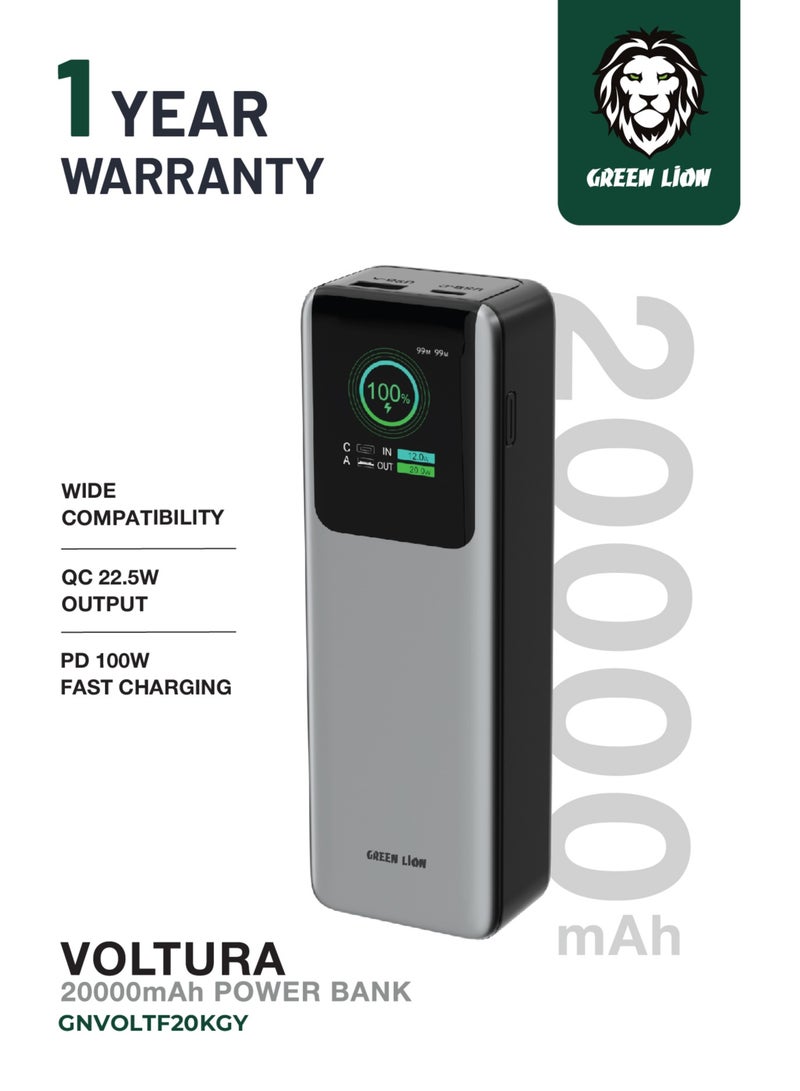 GREEN LION Powerbank 20000mAh Voltura PD100W with Type-C Cable Strap / Fast Charging  TFT Display /USB-C and USB-A Ports/ Lightweight and Reliable Power Bank - Grey - Image 1