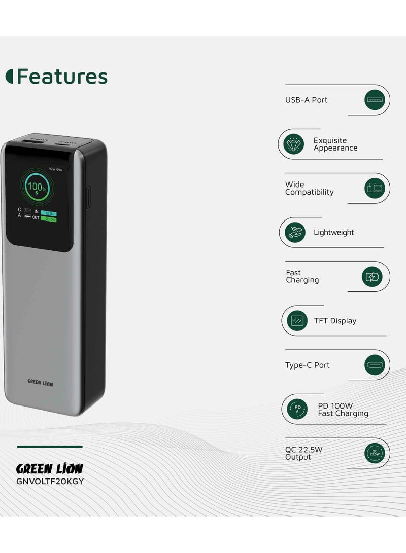 GREEN LION Powerbank 20000mAh Voltura PD100W with Type-C Cable Strap / Fast Charging  TFT Display /USB-C and USB-A Ports/ Lightweight and Reliable Power Bank - Grey - Image 2