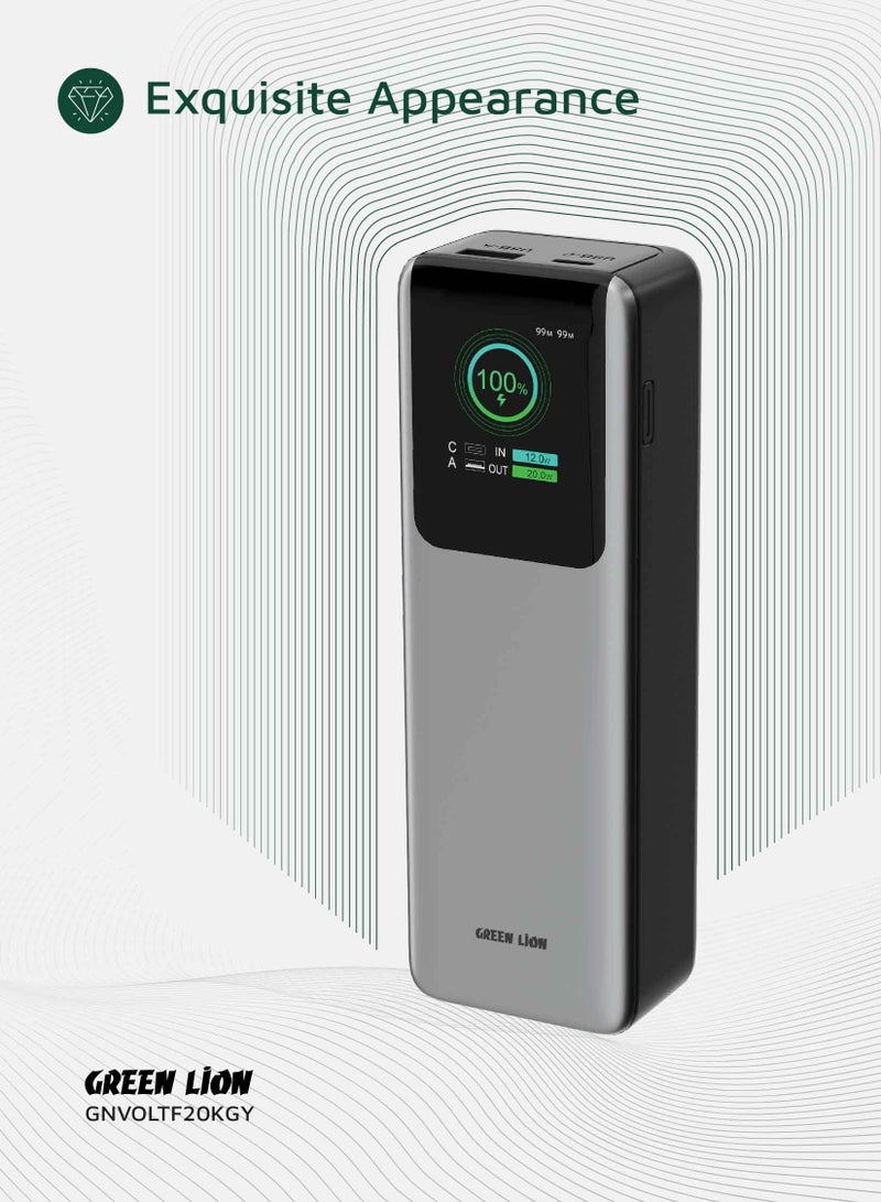 GREEN LION Powerbank 20000mAh Voltura PD100W with Type-C Cable Strap / Fast Charging  TFT Display /USB-C and USB-A Ports/ Lightweight and Reliable Power Bank - Grey - Image 3