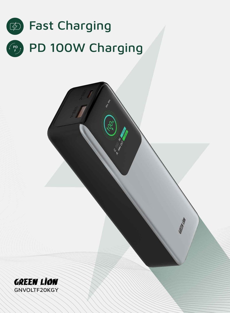 GREEN LION Powerbank 20000mAh Voltura PD100W with Type-C Cable Strap / Fast Charging  TFT Display /USB-C and USB-A Ports/ Lightweight and Reliable Power Bank - Grey - Image 4