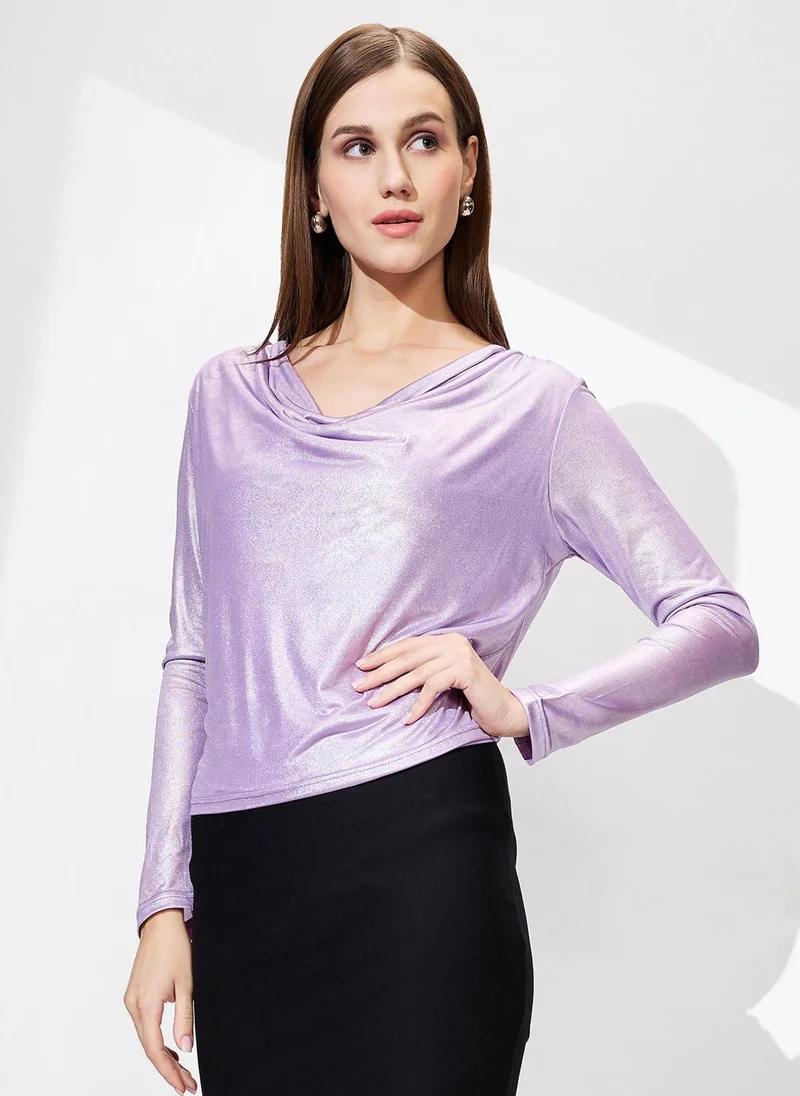 Globus Globus Women's Lavender Cowl Neck Shimmer Party Top