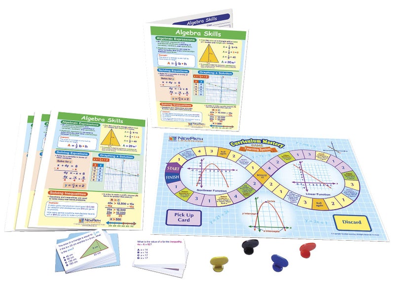New Path Learning NewPath Learning 23-6980 Algebra Skills Learning Center Game (Grades 6-9) - Game Board, 30 Illustrated Game Cards and Four 4-Panel, Laminated “Write-On/Wipe-Off” Learning Guides - Image 1