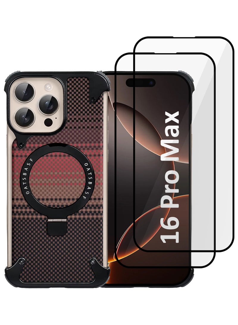 3Packs Case Cover for iPhone 16 Pro Max, Magnetic Ring Stand, Carbon Fiber Texture, Shockproof Armor, MagSafe Compatible with Two Screen Protectors - Brown - Image 1