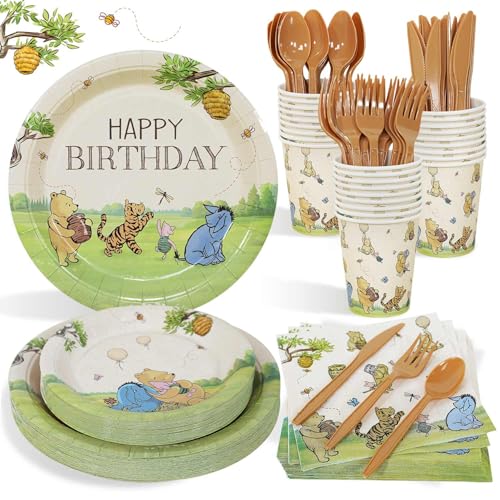 Heboland Winnie Birthday Decorations Plates Set 175PCS Classic Pooh Happy Birthday Plates Cups Napkins Cutlery for 25 Guests - Image 1