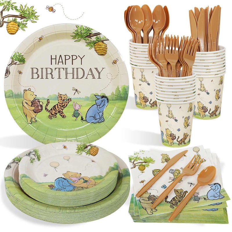 Heboland Winnie Birthday Decorations Plates Set 175PCS Classic Pooh Happy Birthday Plates Cups Napkins Cutlery for 25 Guests - Image 2