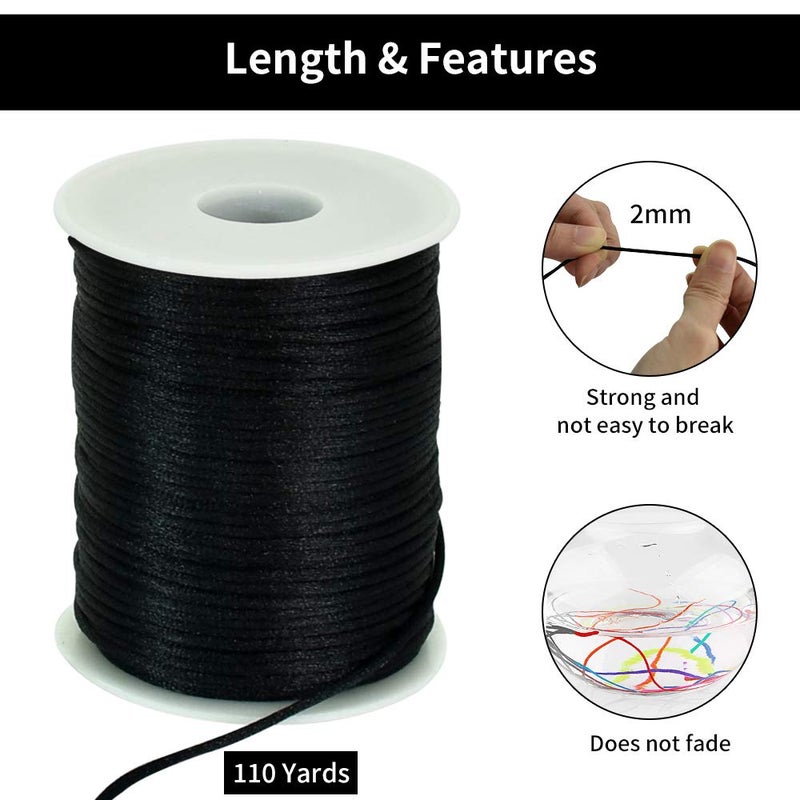 TONIFUL 2mm x 110 Yards Black Nylon Cord Satin String for Bracelet Jewelry Making Rattail Macrame Trim Cord Necklace Bulk Beading Thread Kumihimo Chinese Knot Craft - Image 2