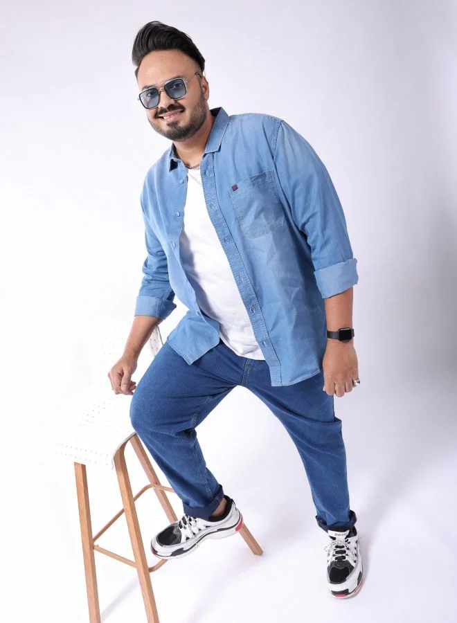 HARDSODA Men Plus Size Regular Fit Solid Cutaway Collar Full Sleeves Casual Denim Shirt