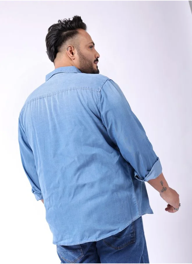 HARDSODA Men Plus Size Regular Fit Solid Cutaway Collar Full Sleeves Casual Denim Shirt