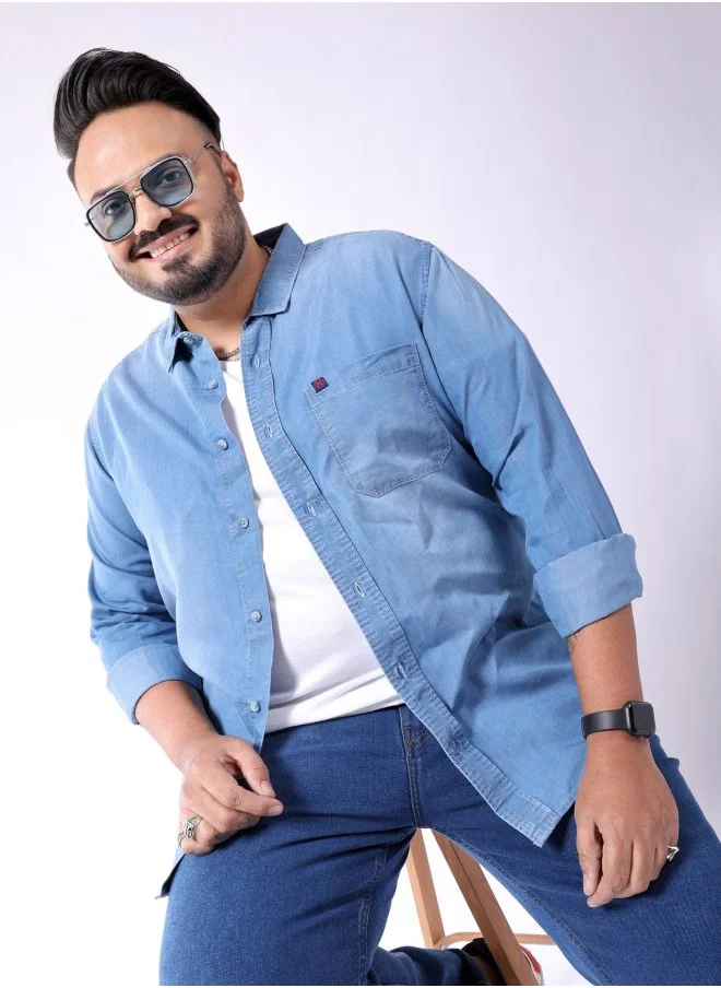 HARDSODA Men Plus Size Regular Fit Solid Cutaway Collar Full Sleeves Casual Denim Shirt