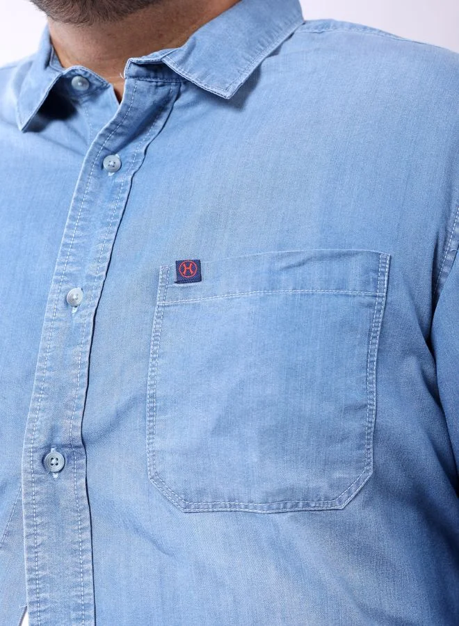HARDSODA Men Plus Size Regular Fit Solid Cutaway Collar Full Sleeves Casual Denim Shirt