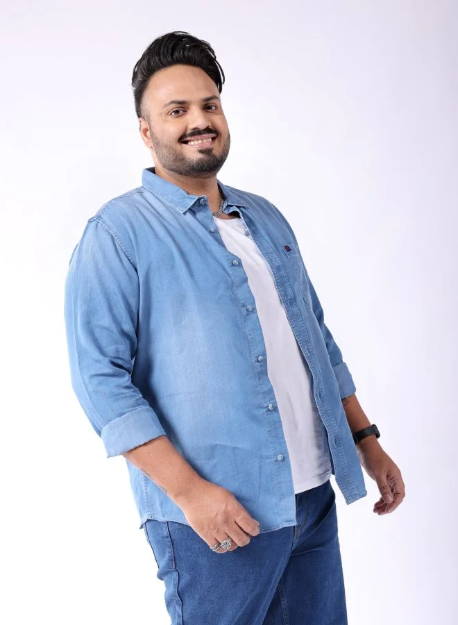 HARDSODA Men Plus Size Regular Fit Solid Cutaway Collar Full Sleeves Casual Denim Shirt