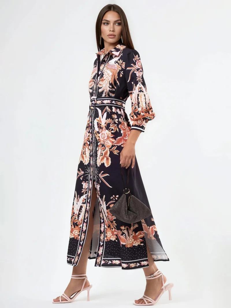 Jennyfer Floral Maxi Shirt Dress with Belt
