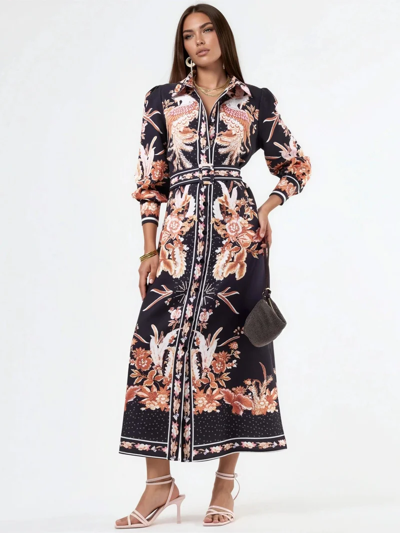 Jennyfer Floral Maxi Shirt Dress with Belt