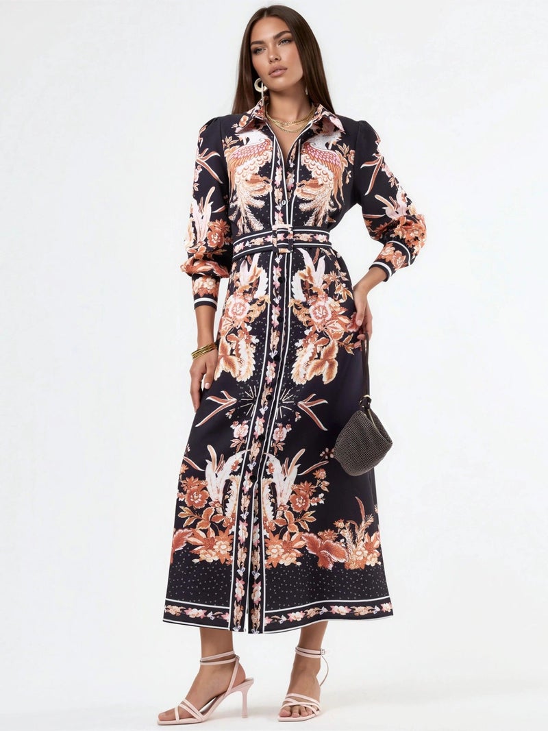 Jennyfer Floral Maxi Shirt Dress with Belt - Image 1