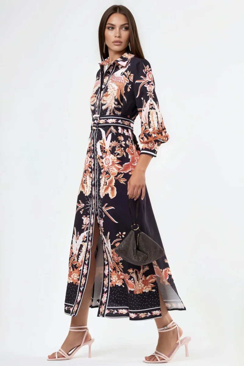 جينيفر Floral Maxi Shirt Dress with Belt