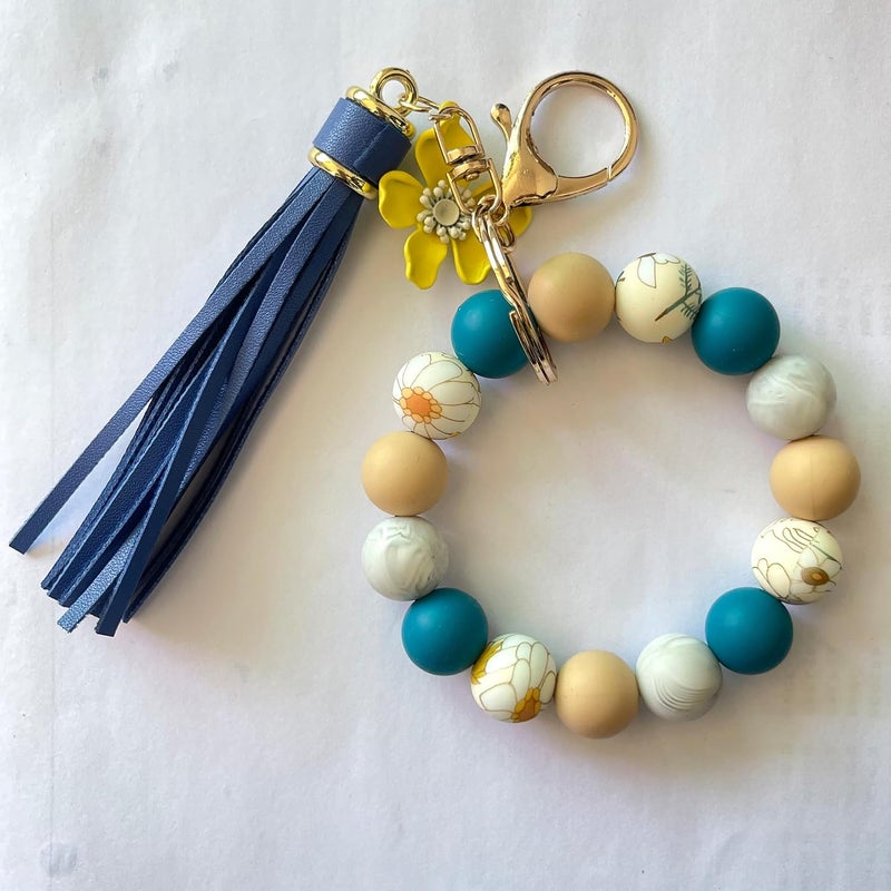 Boethesi Sunflower Silicone Beaded Keychain Wristlet Women,Wrists Bangel Key Chain Bracelet Leather Tassel,Beaded Wristlet - Image 2