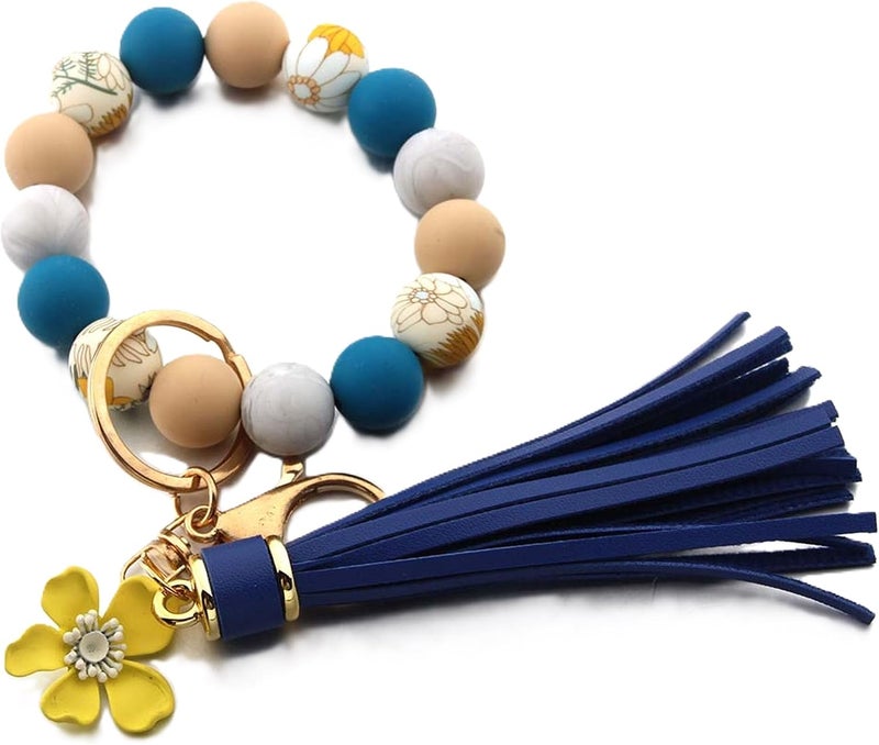 Boethesi Sunflower Silicone Beaded Keychain Wristlet Women,Wrists Bangel Key Chain Bracelet Leather Tassel,Beaded Wristlet - Image 1